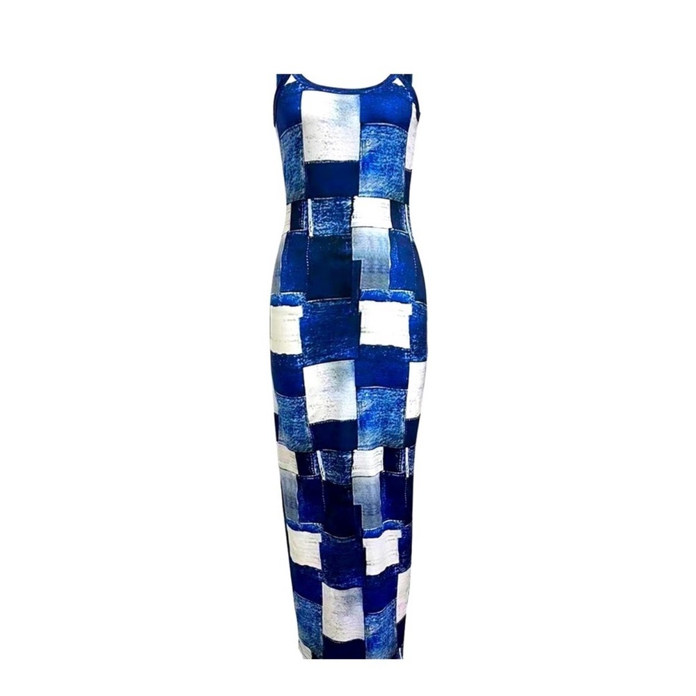 72. Blue and White Sleeveless Women’s Patchwork Maxi Dress Size XL - Picture 1 of 2